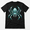 Front flat lay of black Geometric Spider geometric spider shirt with white and muted teal faceted spider print