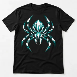 Front flat lay of black Geometric Spider geometric spider shirt with white and muted teal faceted spider print