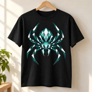 Black Geometric Spider graphic tee on wooden hanger showing white and muted teal angular spider design
