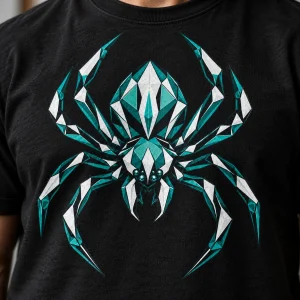 Lifestyle photo of man wearing black Geometric Spider geometric spider shirt on a sunny New York City street