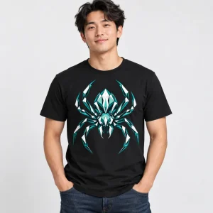 Model wearing black Geometric Spider geometric spider shirt with large symmetrical polygon spider graphic