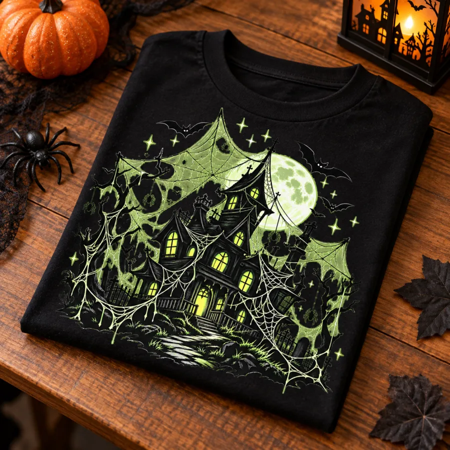 Folded Black Youth Glow Haunted Web tee showing the pale green haunted-house and spider-web print