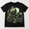 Front flat lay of Black Youth Glow Haunted Web glow halloween spider shirt with haunted house and giant pale green webs