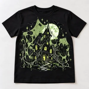Front flat lay of Black Youth Glow Haunted Web glow halloween spider shirt with haunted house and giant pale green webs