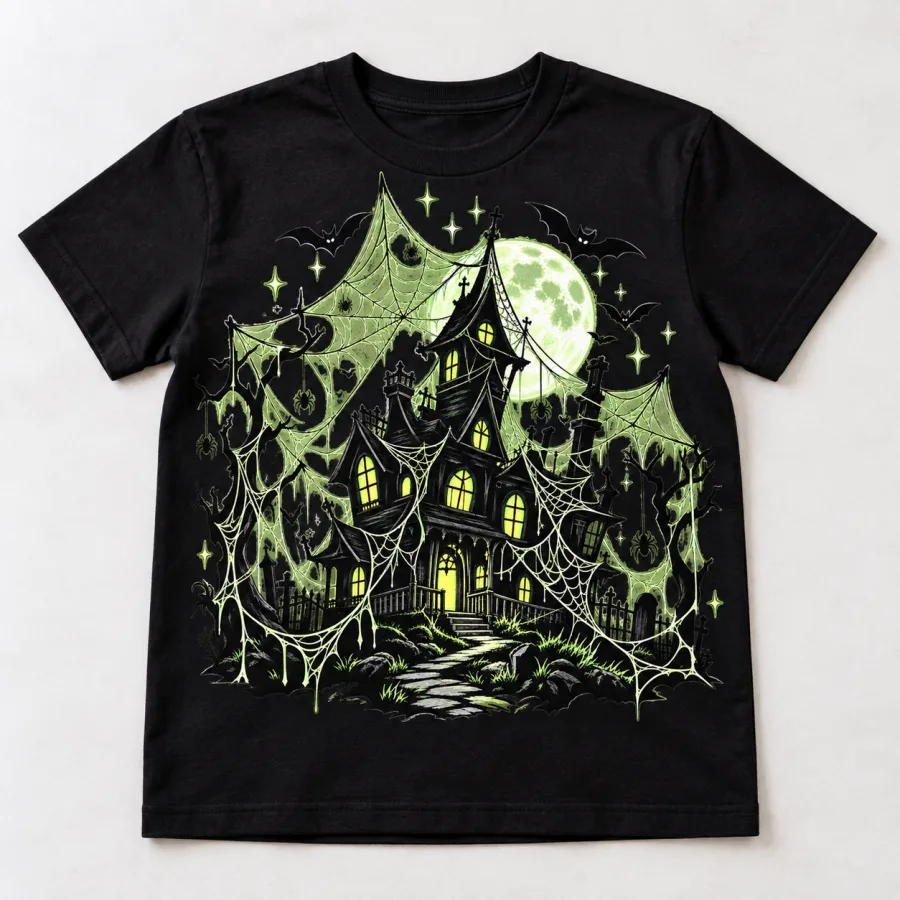 Front flat lay of Black Youth Glow Haunted Web glow halloween spider shirt with haunted house and giant pale green webs
