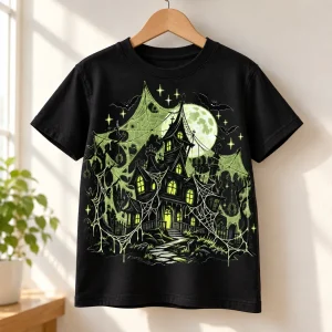 Black Youth Glow Haunted Web Halloween spider shirt displayed on a hanger