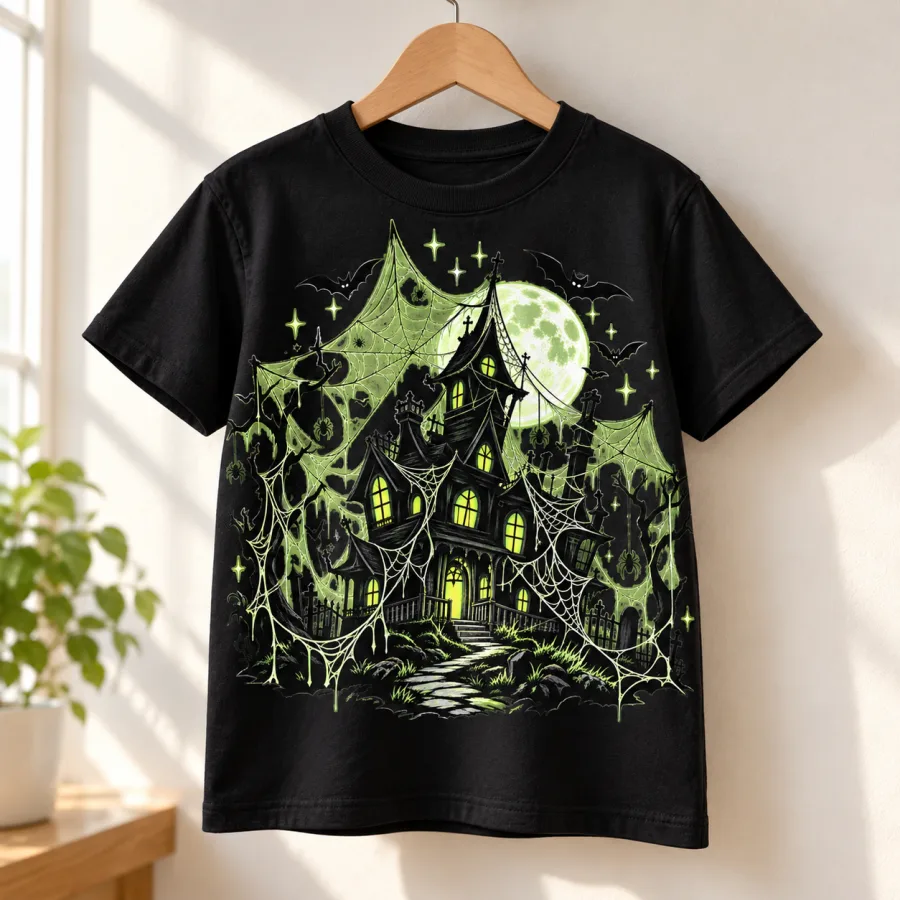 Black Youth Glow Haunted Web Halloween spider shirt displayed on a hanger