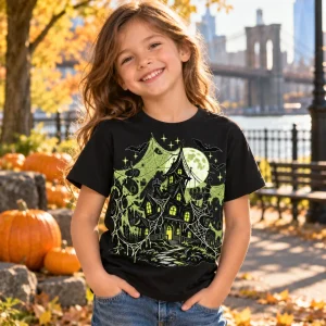 Lifestyle view of Black Youth Glow Haunted Web Halloween shirt styled for a spooky fall outfit