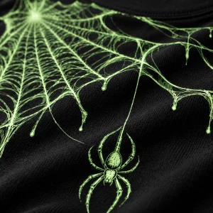 Close-up of glow-in-the-dark spider and web screen print on heavyweight black cotton fabric
