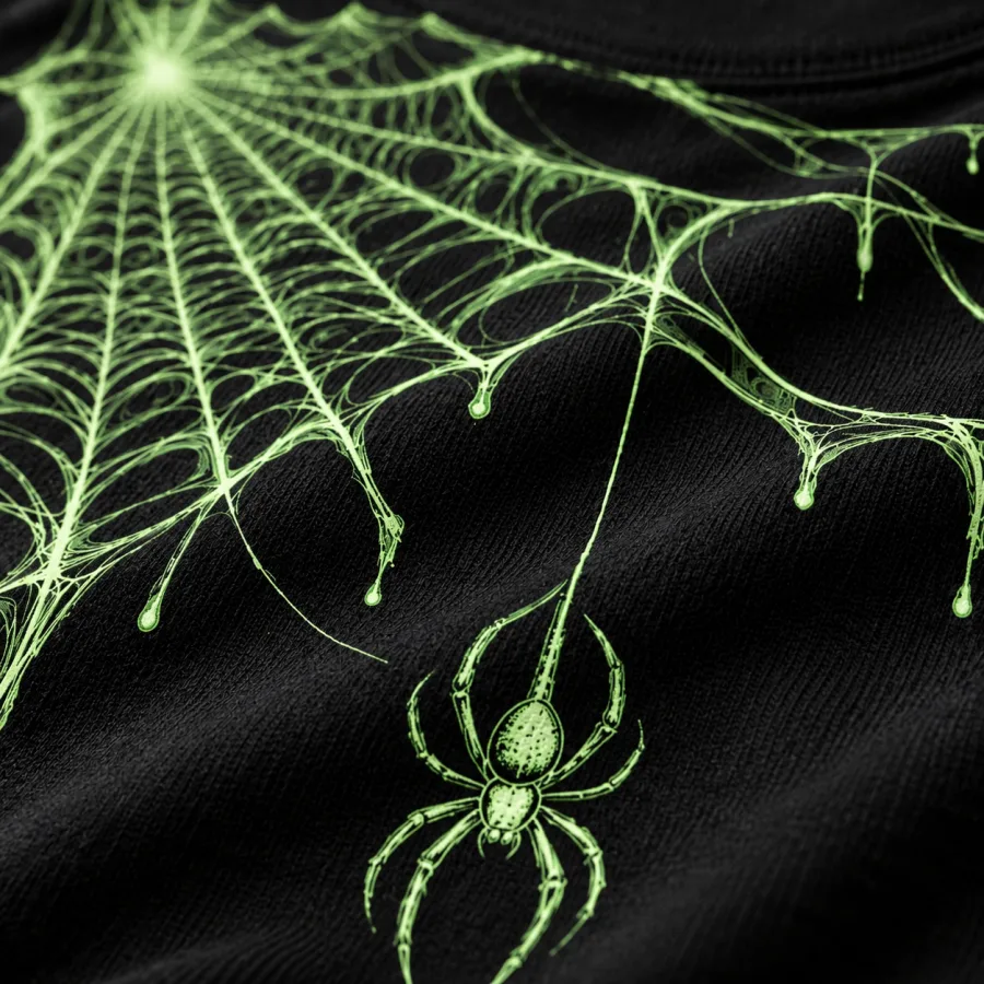 Close-up of glow-in-the-dark spider and web screen print on heavyweight black cotton fabric