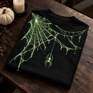 Folded glow in the dark spider web shirt on a dark wooden table beside a white pumpkin and candle