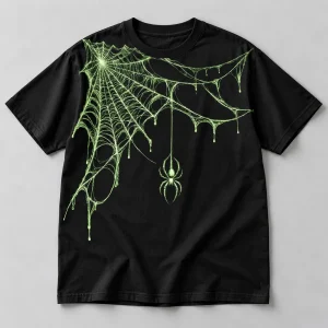 Glow in the dark spider web shirt black heavyweight tee front flat lay with green web and hanging spider print