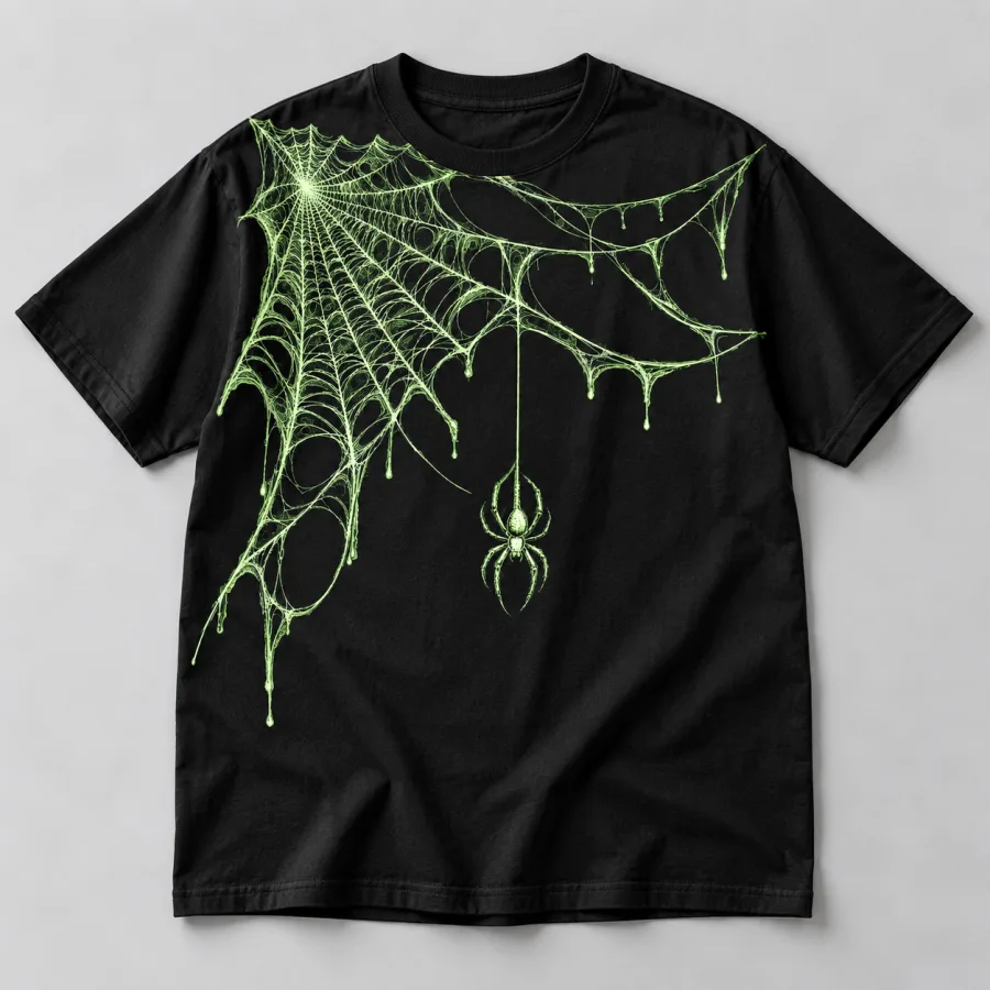 Glow in the dark spider web shirt black heavyweight tee front flat lay with green web and hanging spider print