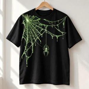 Black spider web shirt on a wooden hanger with original glow-in-the-dark green spider print