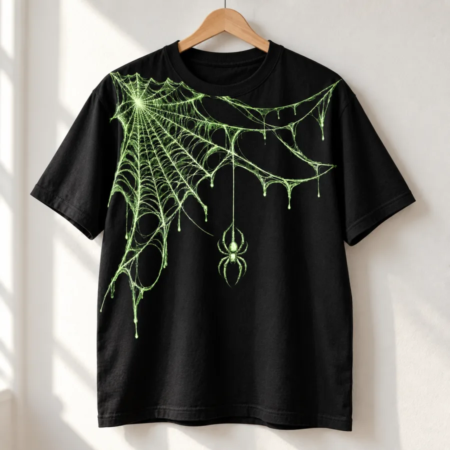 Black spider web shirt on a wooden hanger with original glow-in-the-dark green spider print