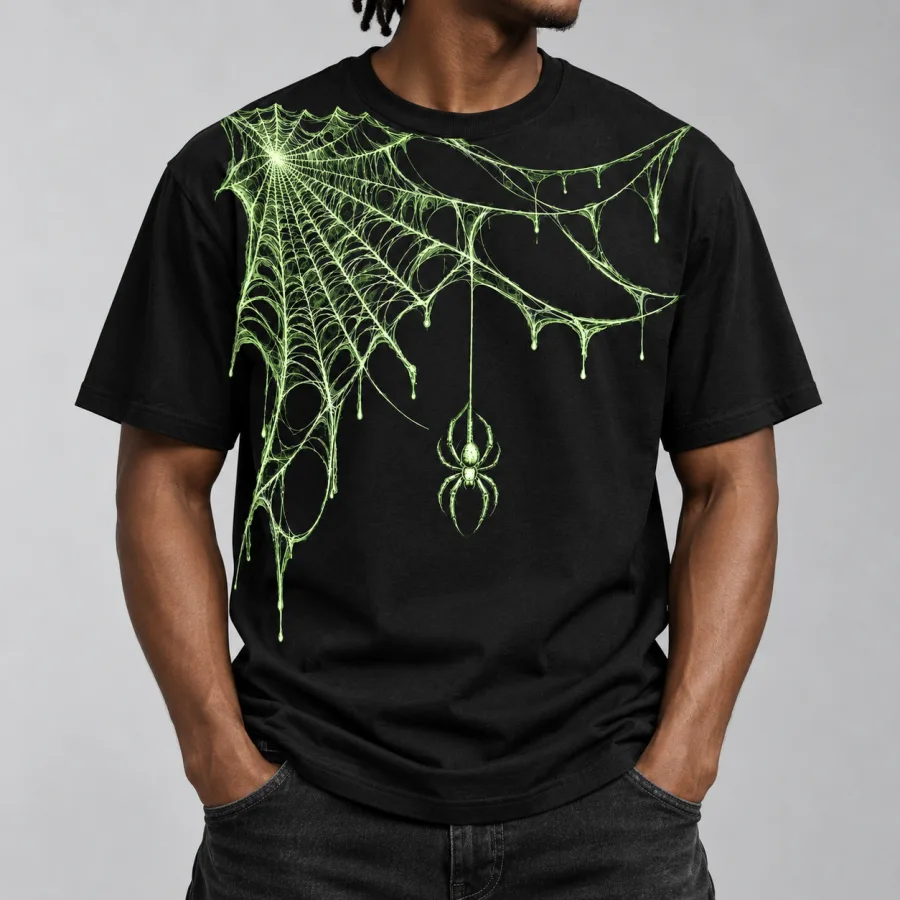 Black man wearing a black glow in the dark spider web shirt with green web and hanging spider graphic