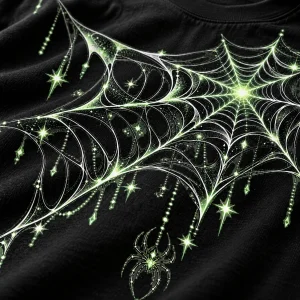 Close-up of Glow Midnight Web print showing pale green web lines, white highlights, stars and cotton fabric texture