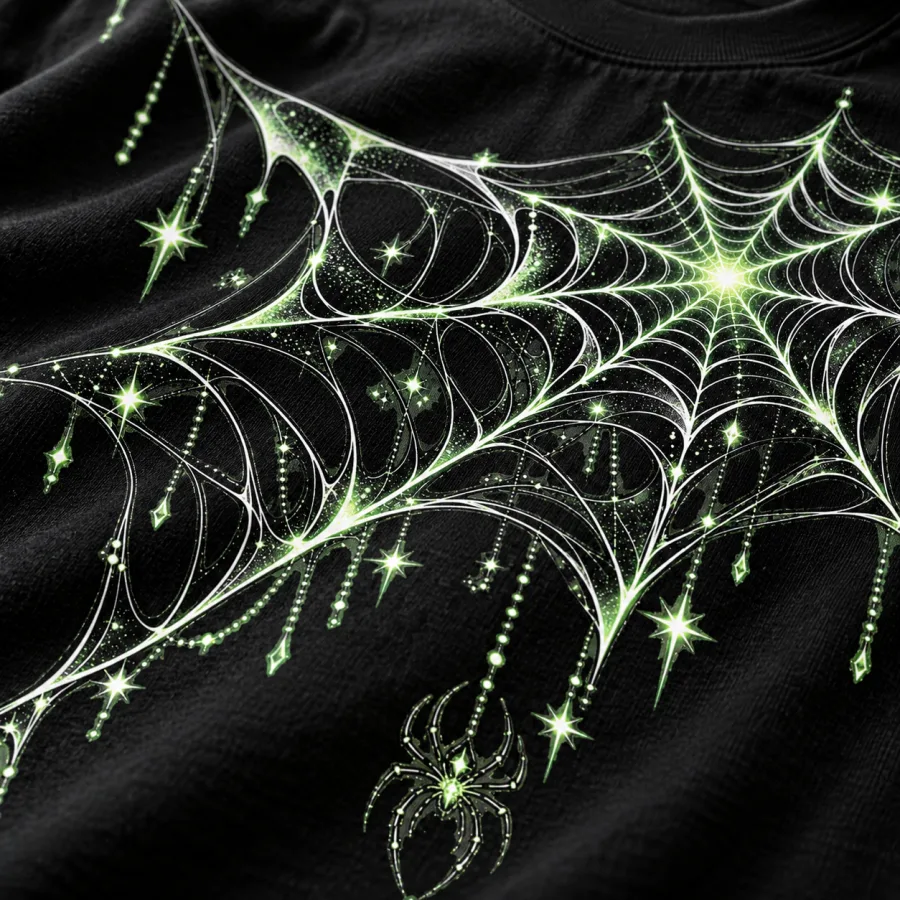 Close-up of Glow Midnight Web print showing pale green web lines, white highlights, stars and cotton fabric texture