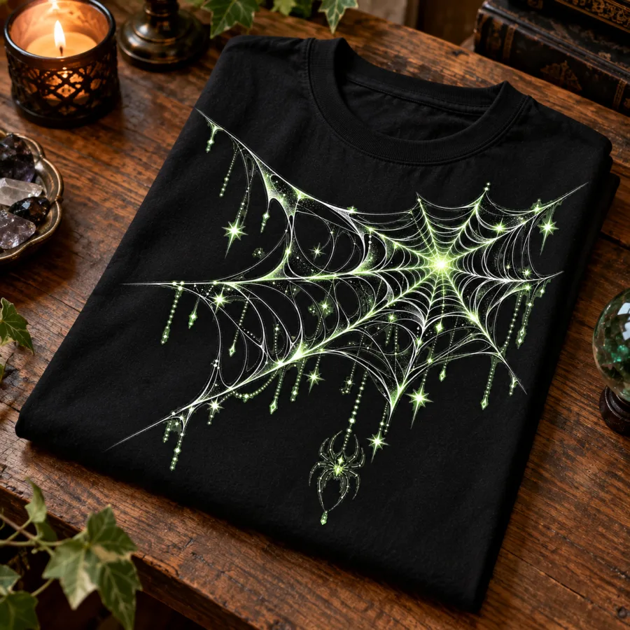 Folded black Glow Midnight Web spider web shirt on a wooden table with the pale green and white print visible