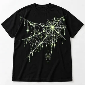 Front flat lay of black Glow Midnight Web glow in the dark spider web shirt with pale green and white web artwork