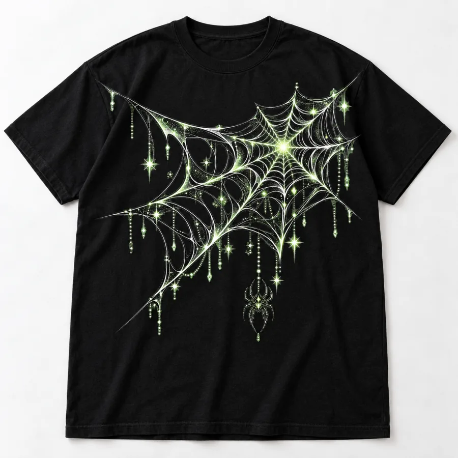 Front flat lay of black Glow Midnight Web glow in the dark spider web shirt with pale green and white web artwork