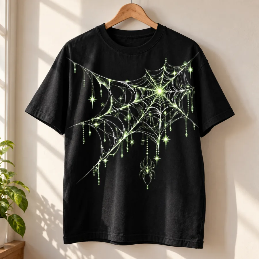 Black Glow Midnight Web unisex heavyweight tee on a wooden hanger showing the asymmetrical spider web design