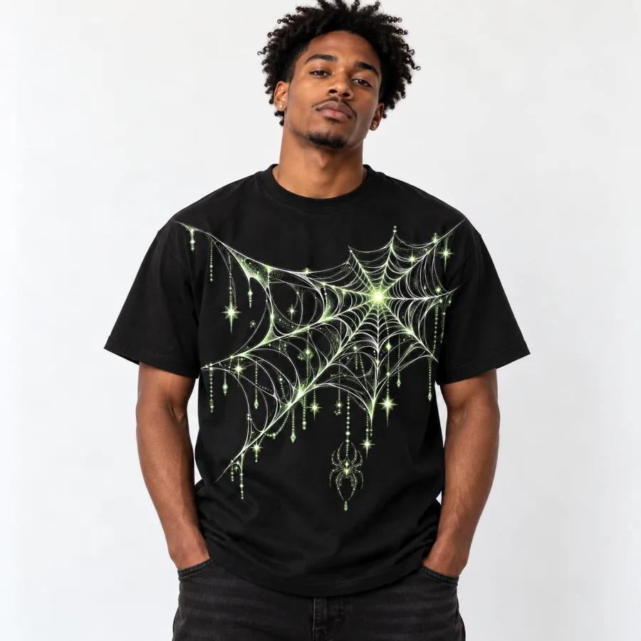 Black American male model wearing the black Glow Midnight Web spider web shirt with oversized chest print