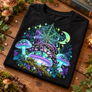 Close-up of Glow Night Garden spider print showing orb web, mushrooms, stars and pale green, cyan and lavender details