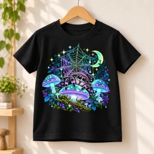 Folded Black Kids Glow Night Garden glow spider shirt displaying the colorful spider and mushroom print on top