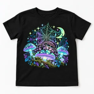 Front flat lay of Black Kids Glow Night Garden glow spider shirt with colorful mushroom, star and orb web artwork