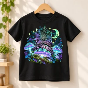 Black Kids Glow Night Garden spider tee hanging on a natural wooden hanger with the full front print visible