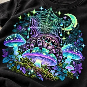 Lifestyle view of a child wearing the Black Glow Night Garden spider shirt with the magical woodland graphic clearly visible