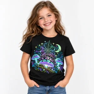 Child model wearing Black Kids Glow Night Garden glow spider shirt with cyan, lavender and pale green woodland artwork