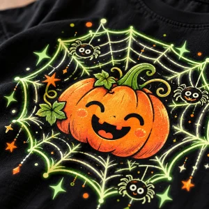 Close-up of Glow Pumpkin Web print showing orange smiling pumpkin, pale green spider web, tiny spiders and fabric texture