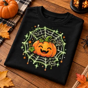Folded Black Kids tee showing Glow Pumpkin Web pumpkin and spider graphic on a wooden table with Halloween props