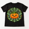 Front flat lay of Black Kids tee with Glow Pumpkin Web smiling pumpkin, pale green spider web, stars and tiny spiders