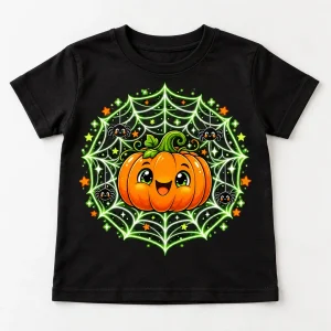 Front flat lay of Black Kids tee with Glow Pumpkin Web smiling pumpkin, pale green spider web, stars and tiny spiders