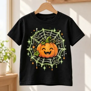 Black Kids Glow Pumpkin Web tee displayed on a wooden hanger with smiling pumpkin, spiders and pale green web design