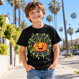 Lifestyle photo of a child wearing the Black Glow Pumpkin Web Halloween tee outdoors with the front graphic clearly visible