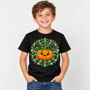 Cheerful young boy wearing Black Glow Pumpkin Web kids Halloween shirt with orange pumpkin and glowing-look web graphic