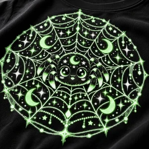 Close-up of Glow Web Explorer print showing spider, orb web, stars and moons on black cotton fabric