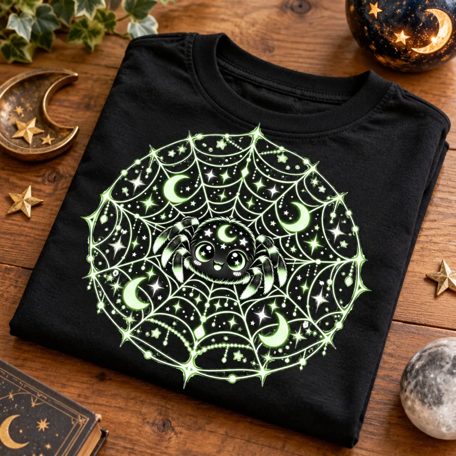 Folded Black Youth Glow Web Explorer tee displaying pale green celestial spider web print