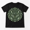 Front flat lay of Black Youth Glow Web Explorer tee with pale green and white spider web graphic