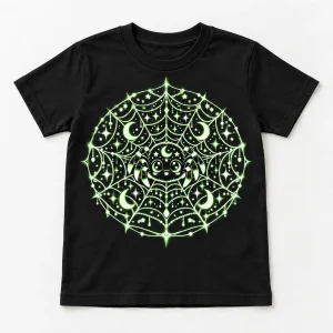 Front flat lay of Black Youth Glow Web Explorer tee with pale green and white spider web graphic