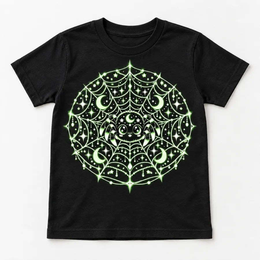 Front flat lay of Black Youth Glow Web Explorer tee with pale green and white spider web graphic