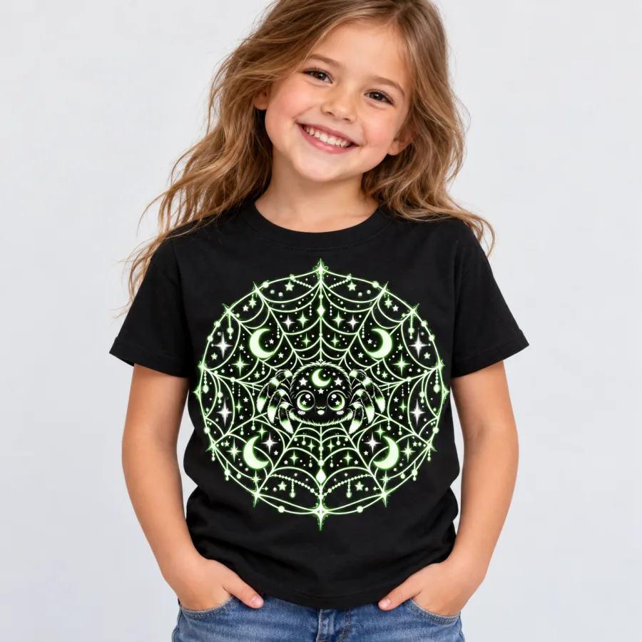 Black Youth Glow Web Explorer tee on wooden hanger showing smiling spider and moon web design