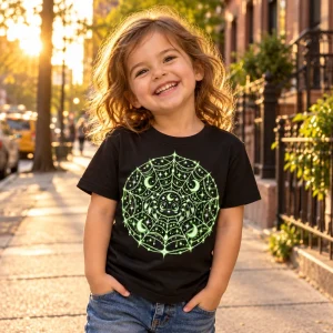 Child wearing Black Youth Glow Web Explorer spider shirt outdoors on a sunny city street