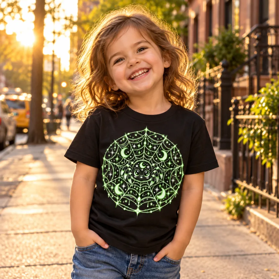 Child wearing Black Youth Glow Web Explorer spider shirt outdoors on a sunny city street