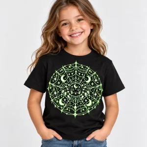 Young girl wearing Black Youth Glow Web Explorer spider shirt with celestial web artwork
