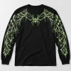 Front flat lay of black unisex Glow Spider Web Long Sleeve tee with pale green spider and shoulder-to-cuff web print